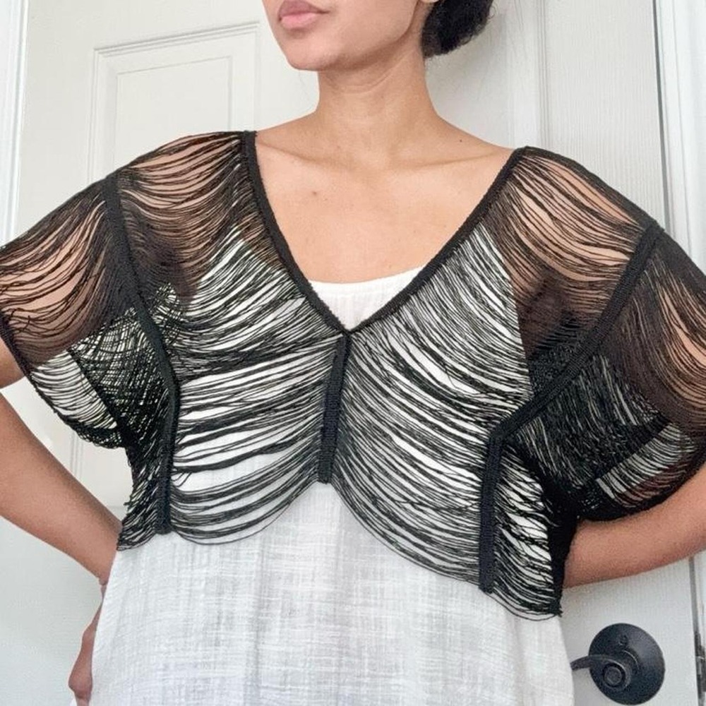 Black Fringe Shawl / Capelet Swim Coverup Goth Grunge Subversive Dune Lagenlook